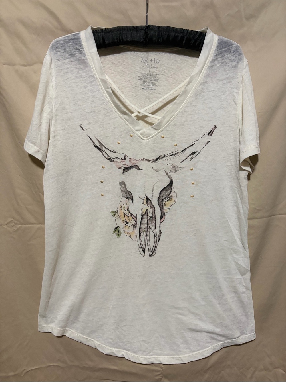 Zoe + Liv Cream V-Neck Short Sleeve Tee with Skull & Floral Accent